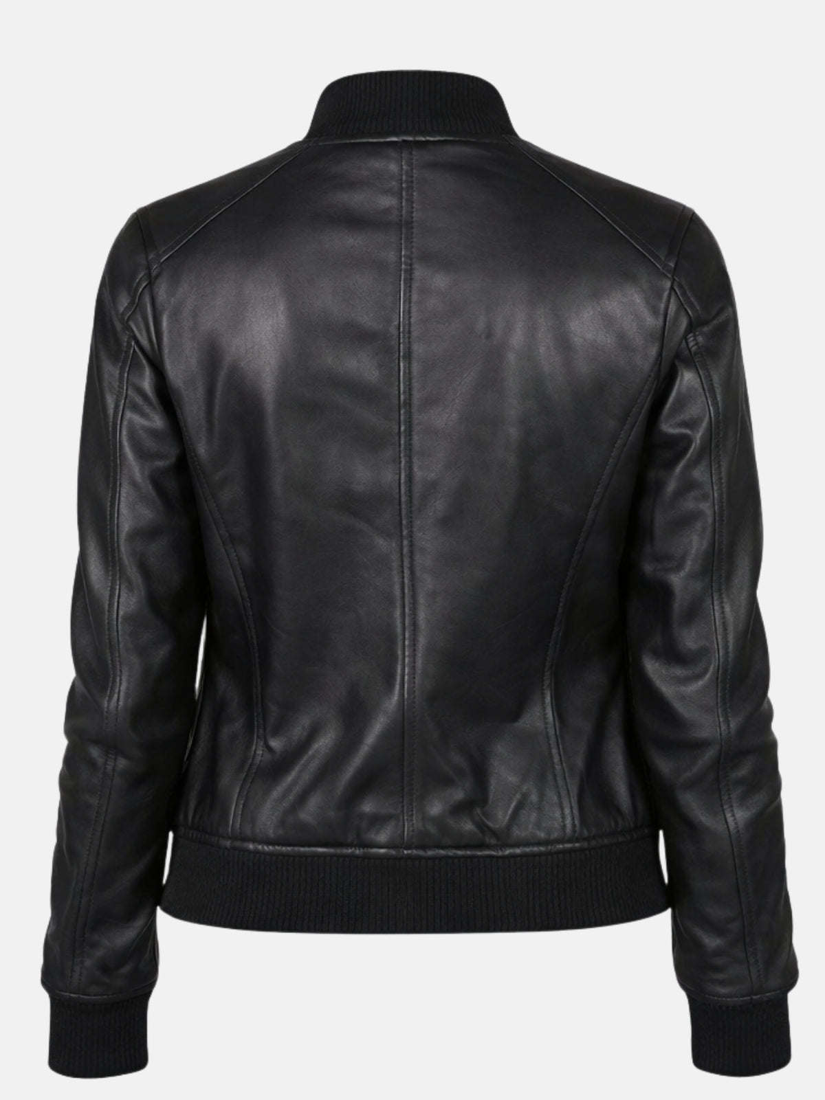 Flat lay back of black leather jacket showing raglan sleeve seams and princess back darts