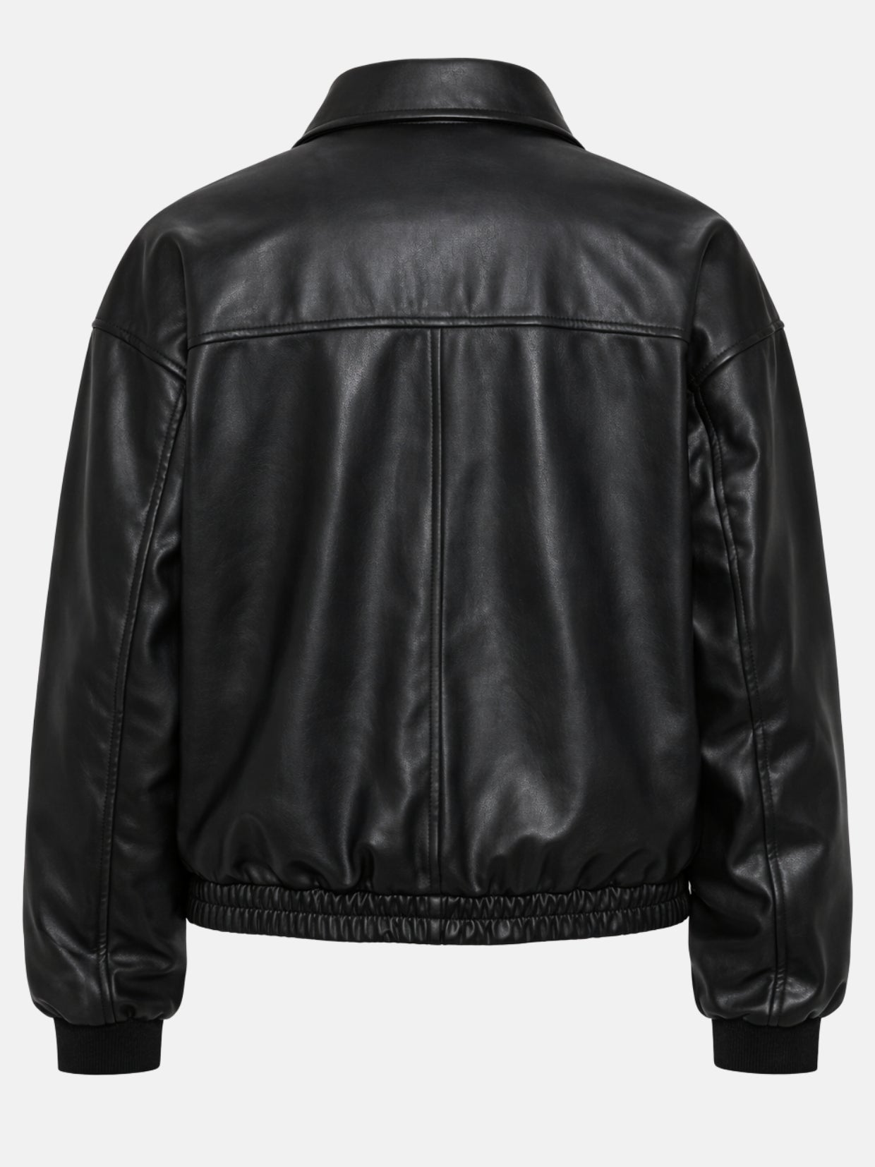 Flat lay back of black leather bomber jacket highlighting the back yoke seam