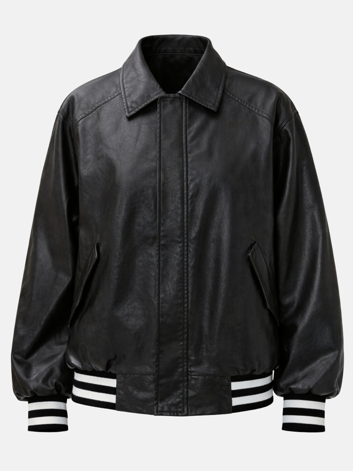 Flat lay of black leather jacket with concealed snap front and striped ribbed trim