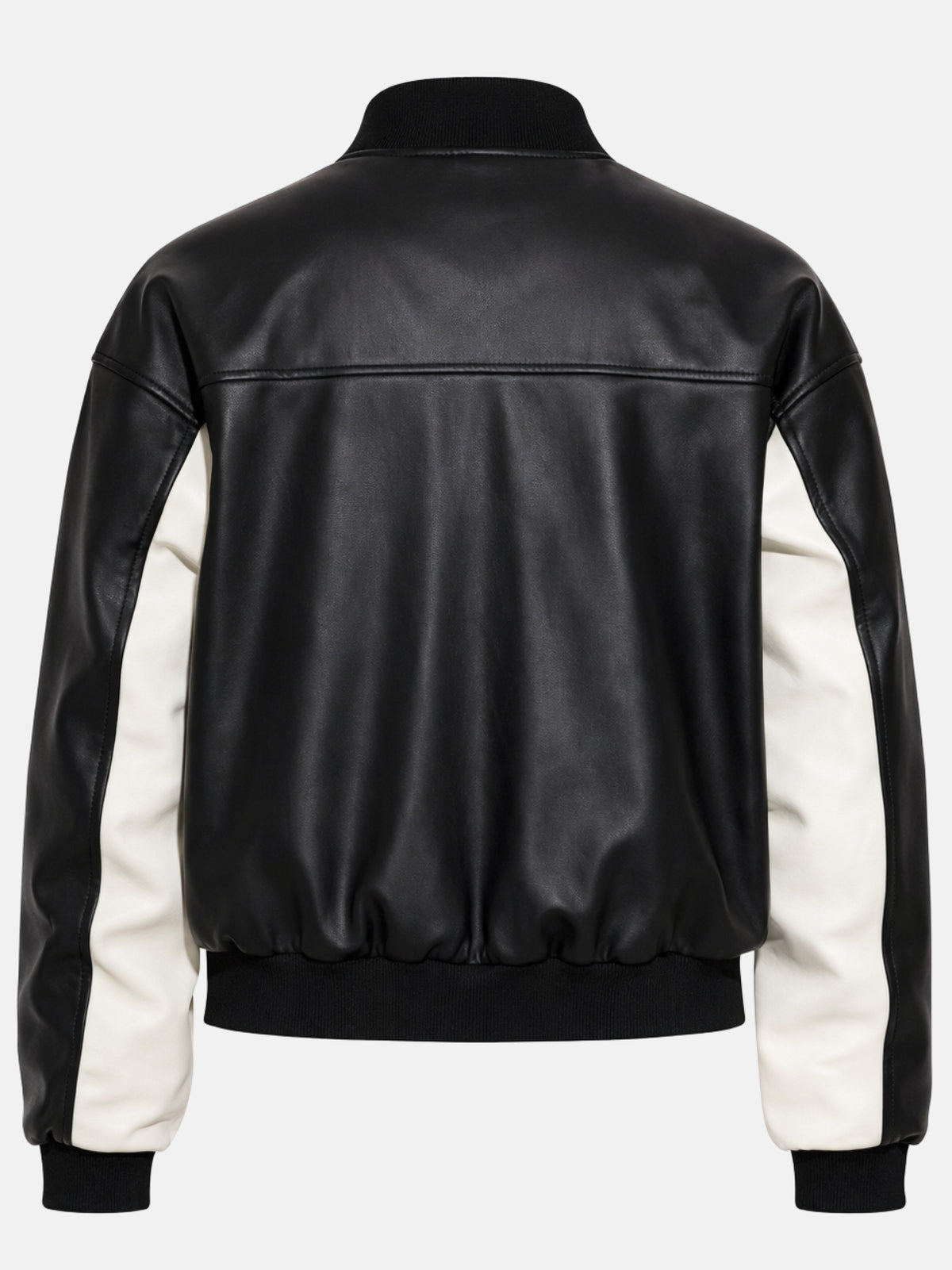 Flat lay back of black leather jacket showing cream panels wrapping to the sides