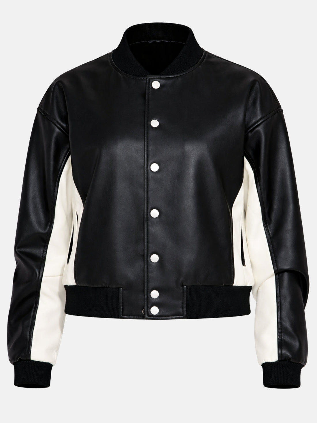 Black leather jacket with cream side panels and silver snap buttons on model