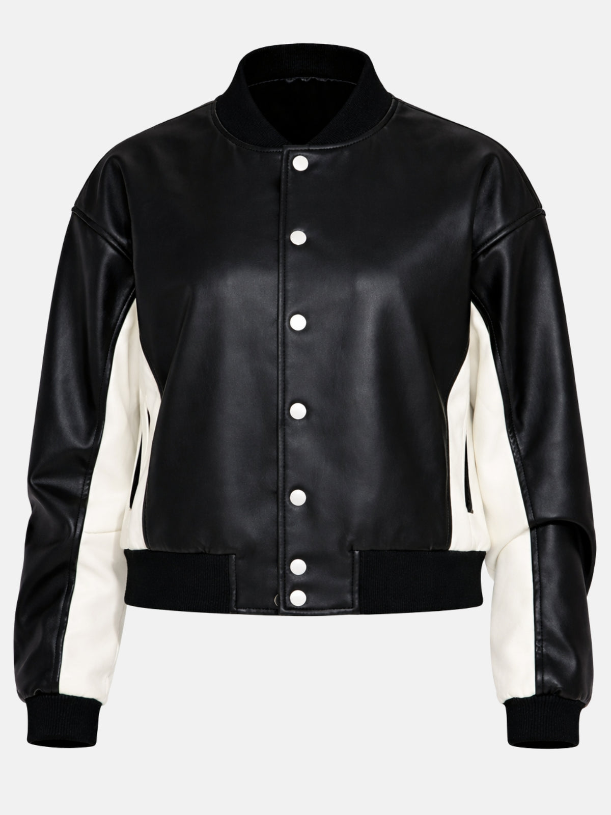 Flat lay of black leather jacket with cream panels and seven silver snaps