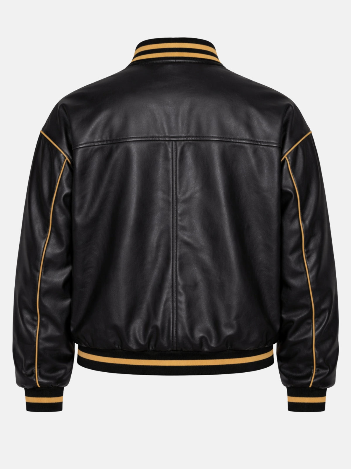 Flat lay back of black leather jacket highlighting gold piping down the sleeve