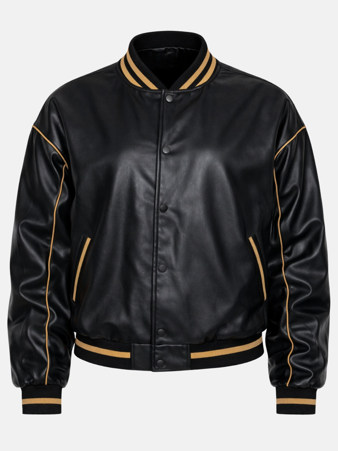 Black leather varsity jacket with gold piping and snap-button front on model