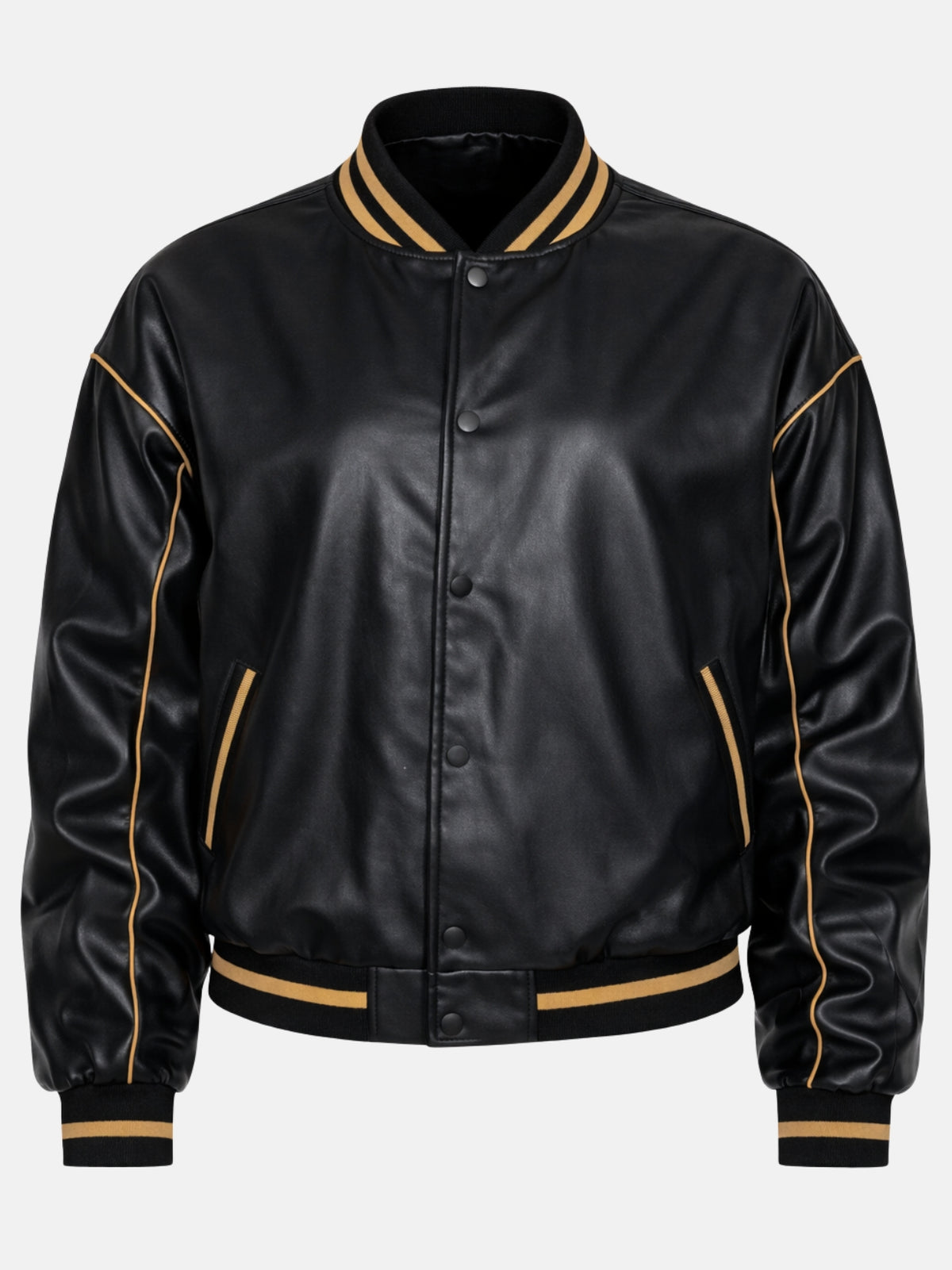 Flat lay of black leather jacket with gold-striped collar and piped pockets