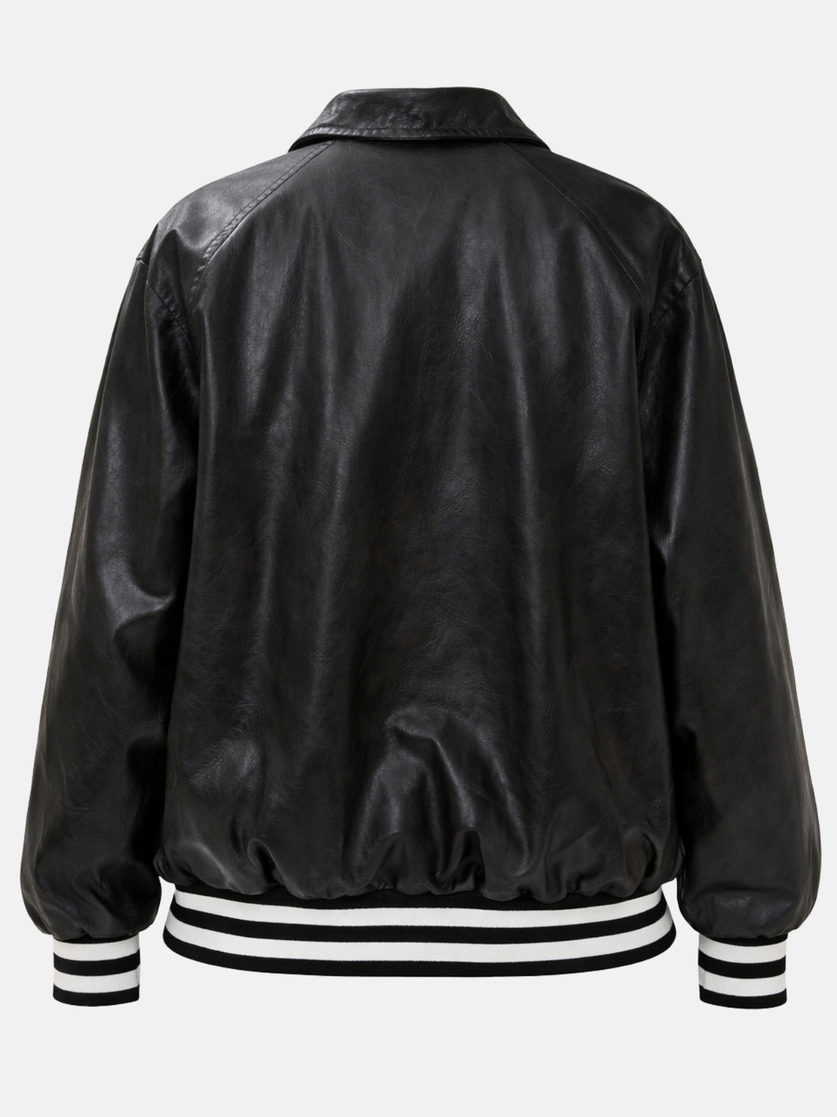 Flat lay back of black leather jacket highlighting raglan seams and balloon hem