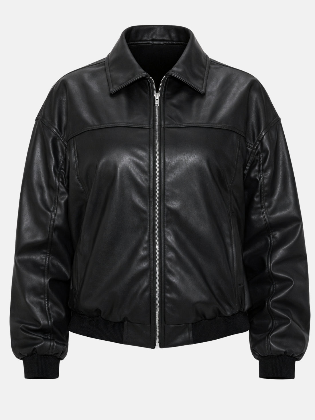 Black leather bomber jacket with front yoke seam and silver zip on model
