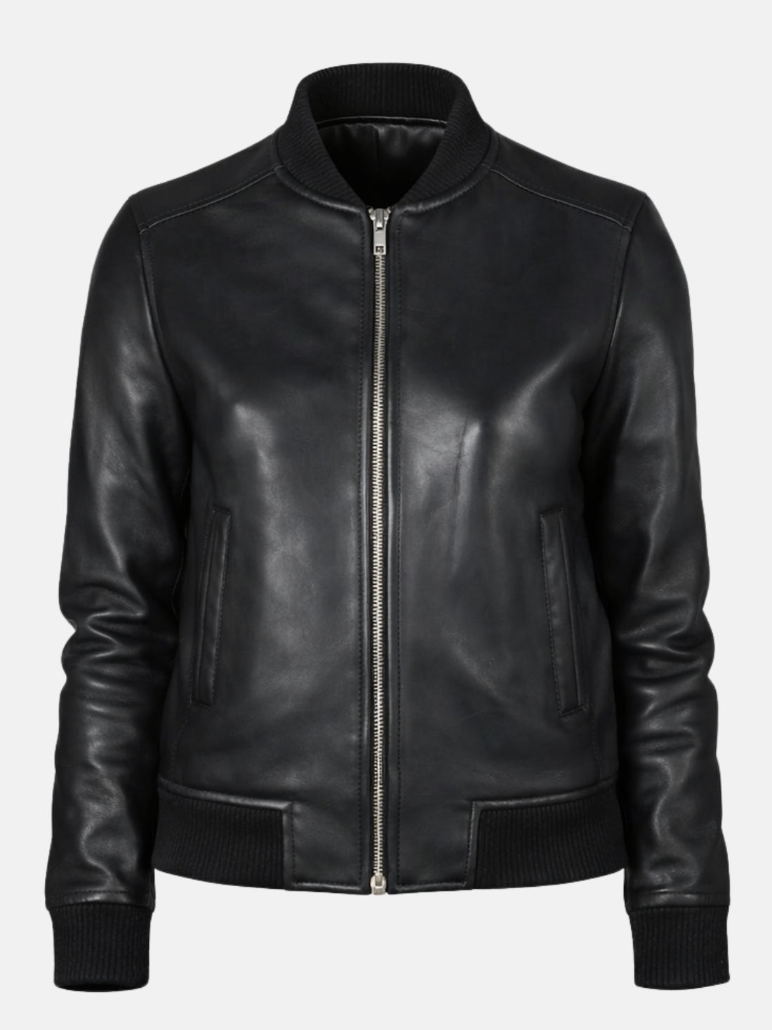 Black leather varsity jacket with silver zip closure and ribbed collar on model