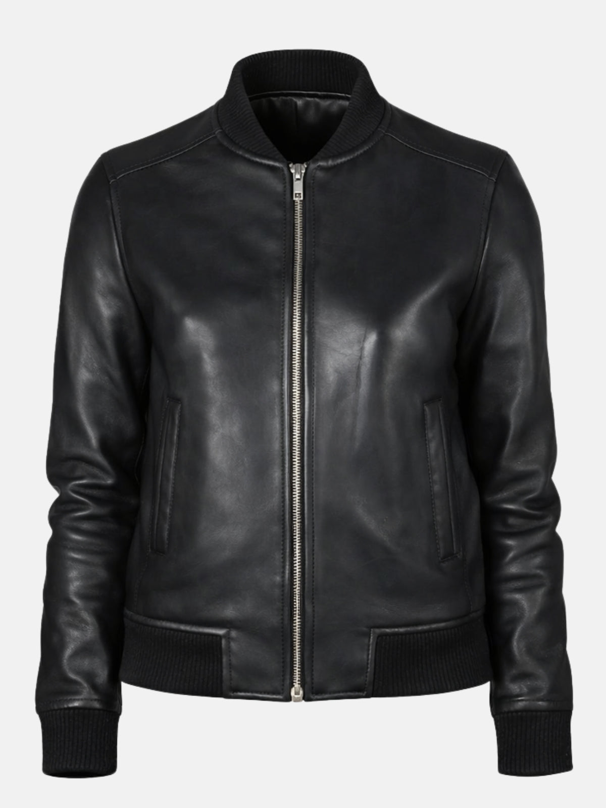 Flat lay of black leather jacket with silver zipper, ribbed collar, and split waistband