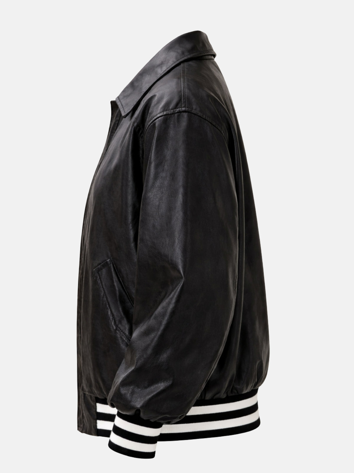 Flat lay side view of black leather jacket showing oversized sleeve shape