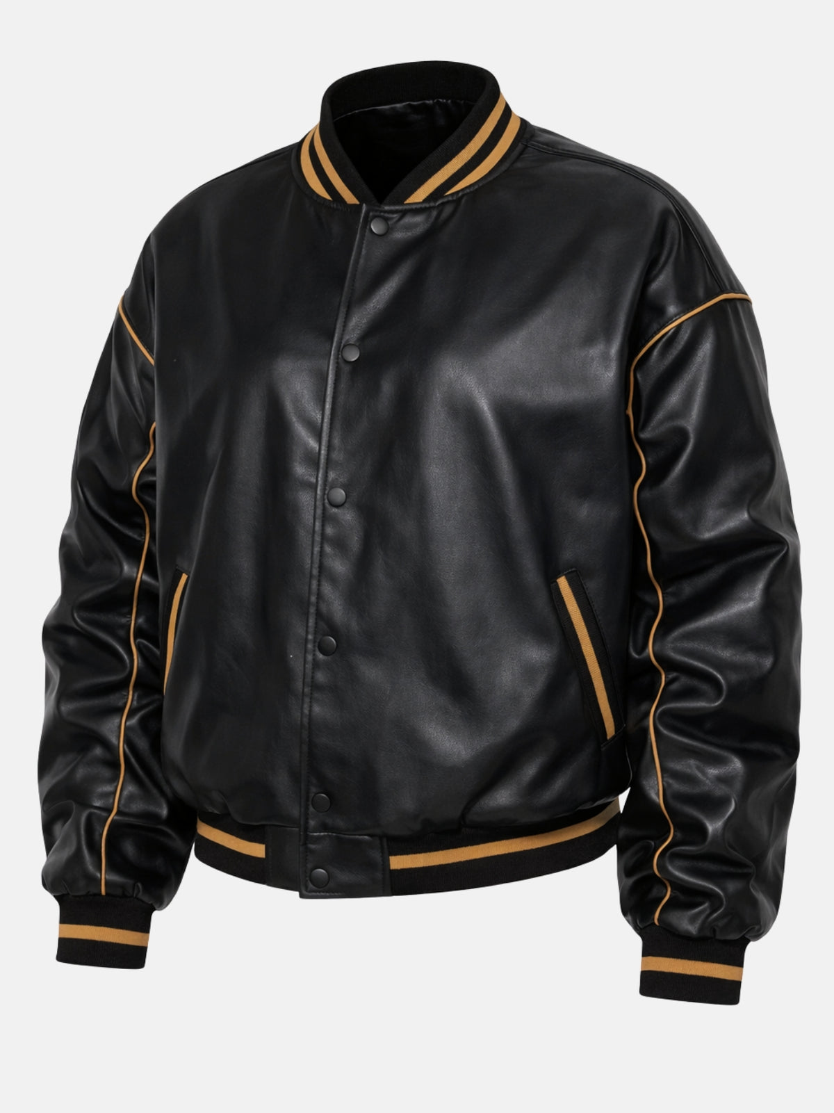 Angled flat lay of black leather jacket showing snap buttons and gold piping