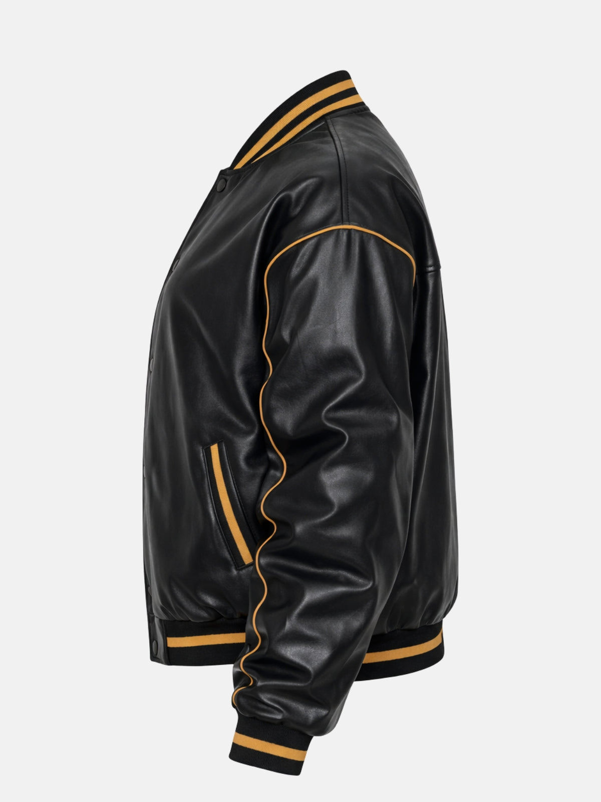 Flat lay side view of black leather jacket showing gold-piped pocket edge