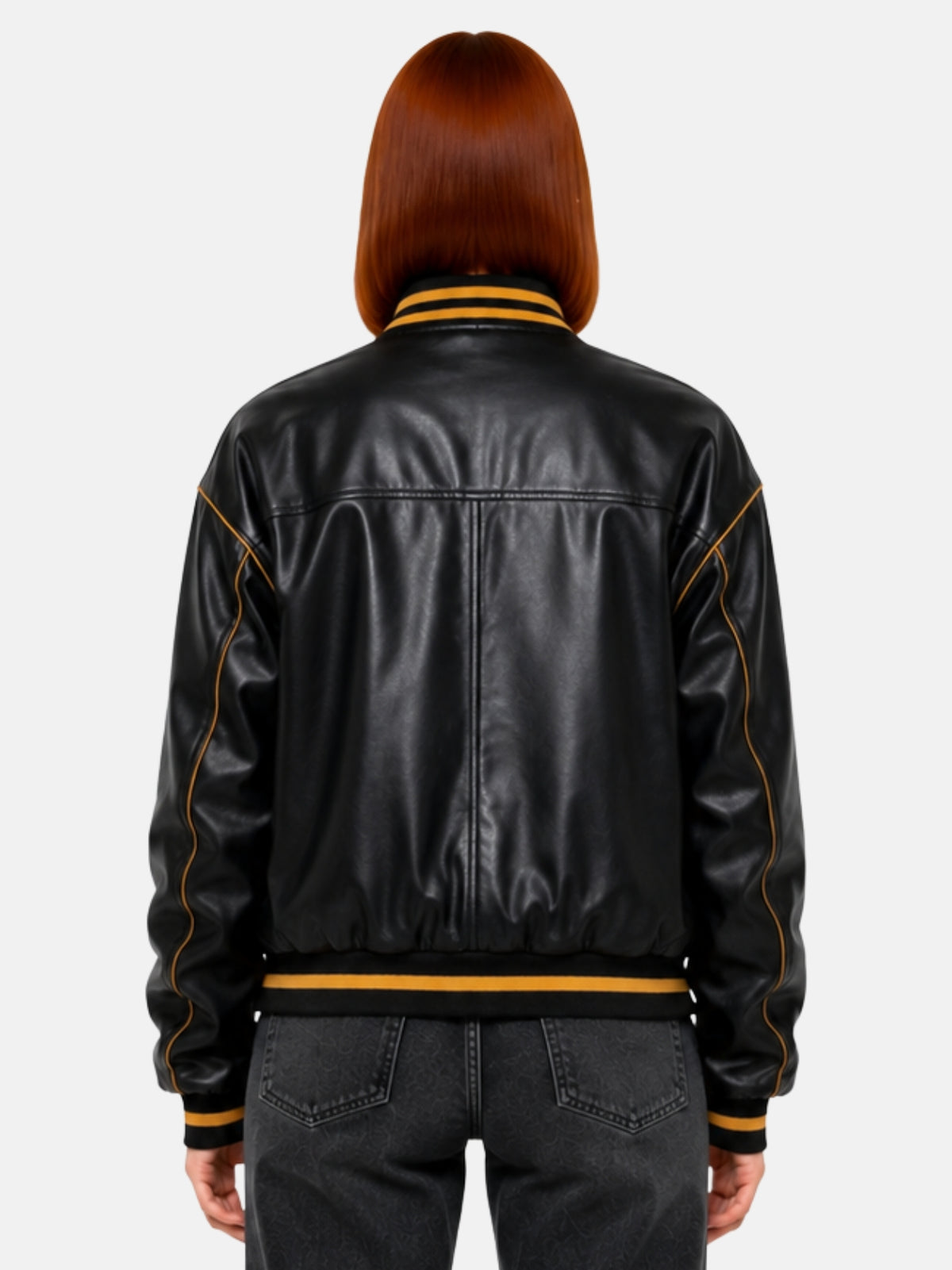 Back view of black leather jacket with gold piping along the shoulder seam