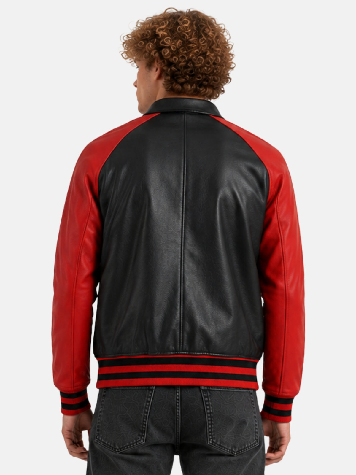 Model showing back of black leather varsity jacket with red raglan sleeves