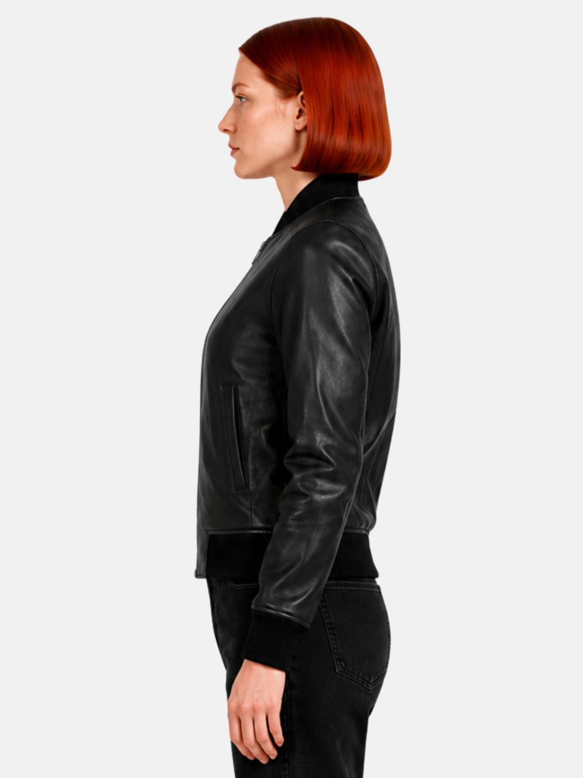 Side profile showing slanted welt pocket and raglan sleeve seam on black leather jacket