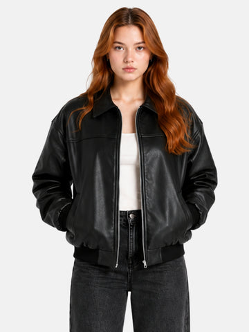 Black leather bomber jacket with front yoke seam and silver zip on model