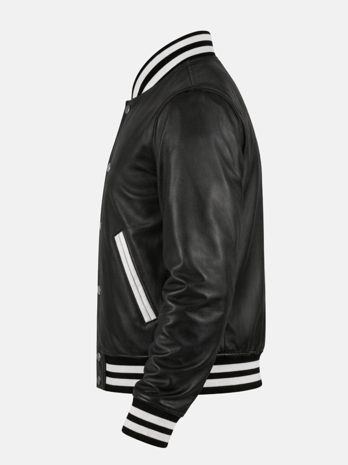 Side view of black leather letterman jacket with white pocket piping
