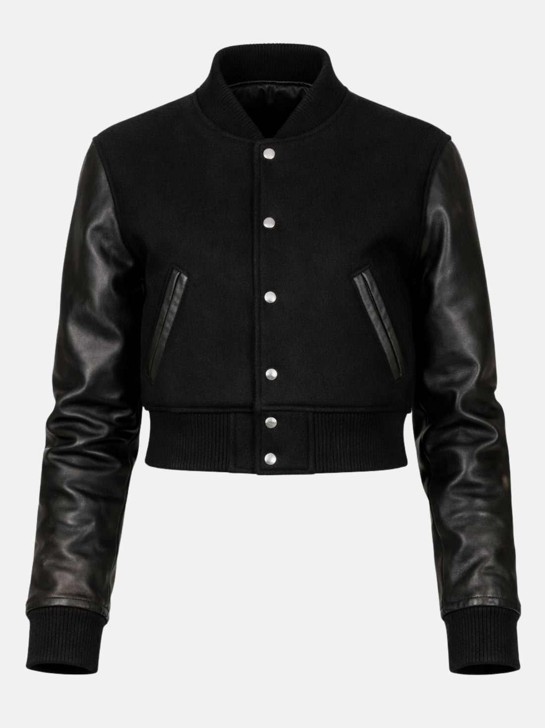 Black cropped varsity jacket with leather sleeves and silver snaps, worn open-collar on model
