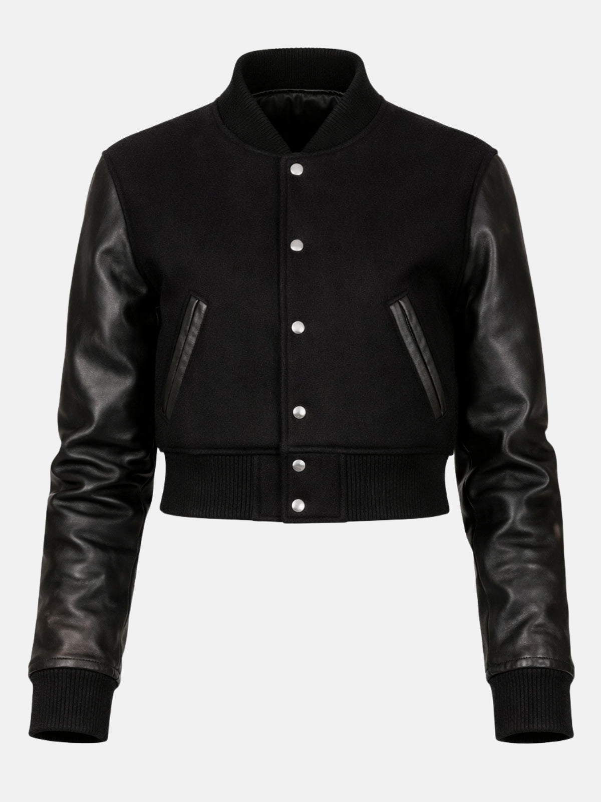 Flat lay of black leather-sleeve varsity jacket, front view with silver snaps and besom pockets