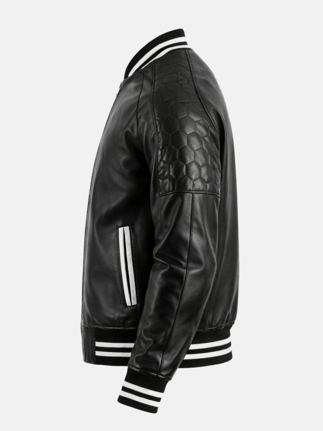 Side profile of black leather varsity bomber with quilted shoulder and welt pocket