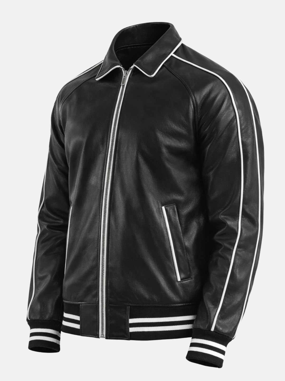 Angled view of black leather varsity jacket with white piping and full zip front