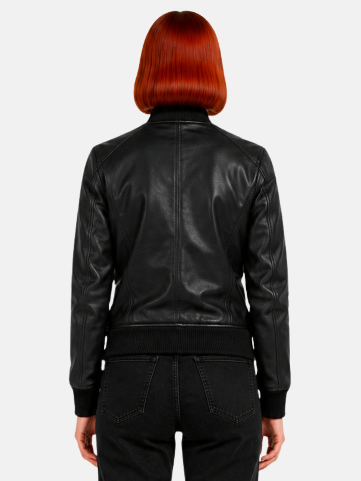 Back view of black leather jacket with raglan seams and ribbed collar