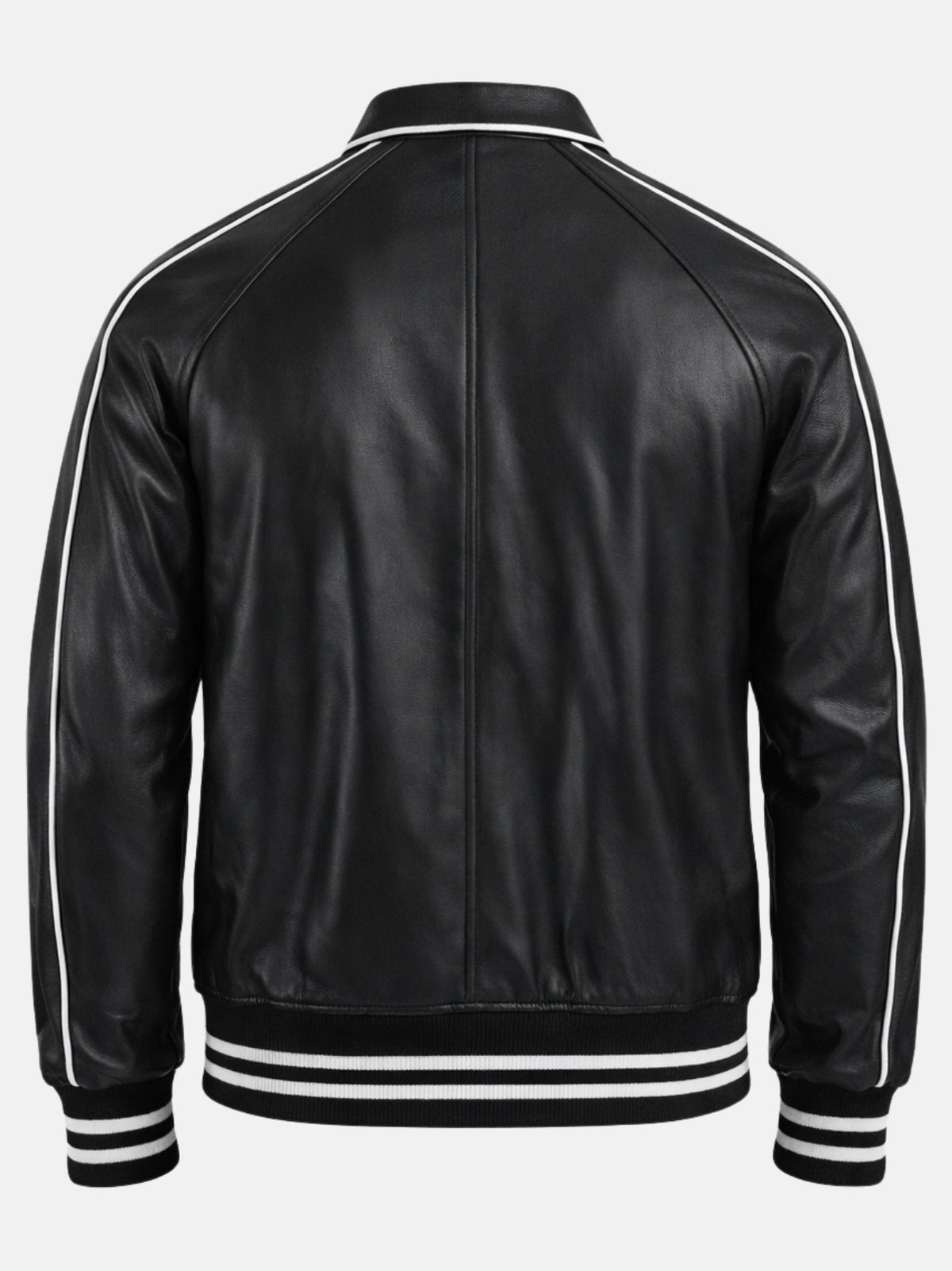 Blank back of black leather varsity jacket with white seam piping and striped hem