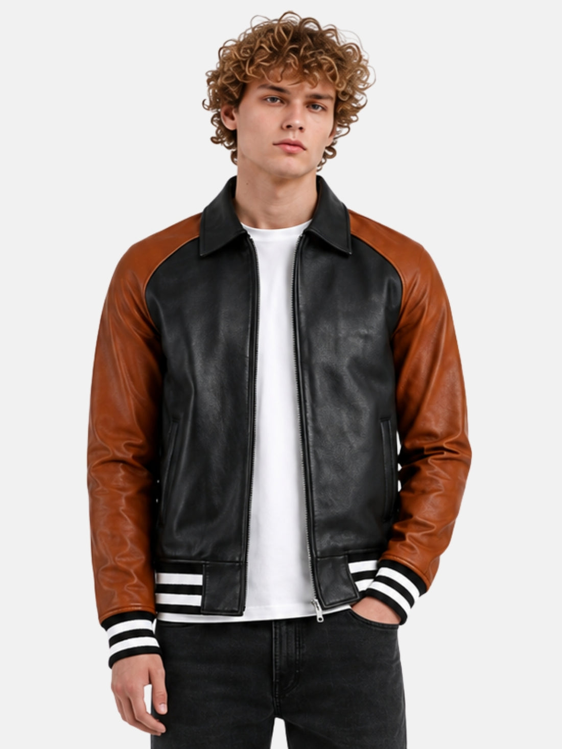 Man wearing black leather varsity jacket with brown raglan sleeves and zip front
