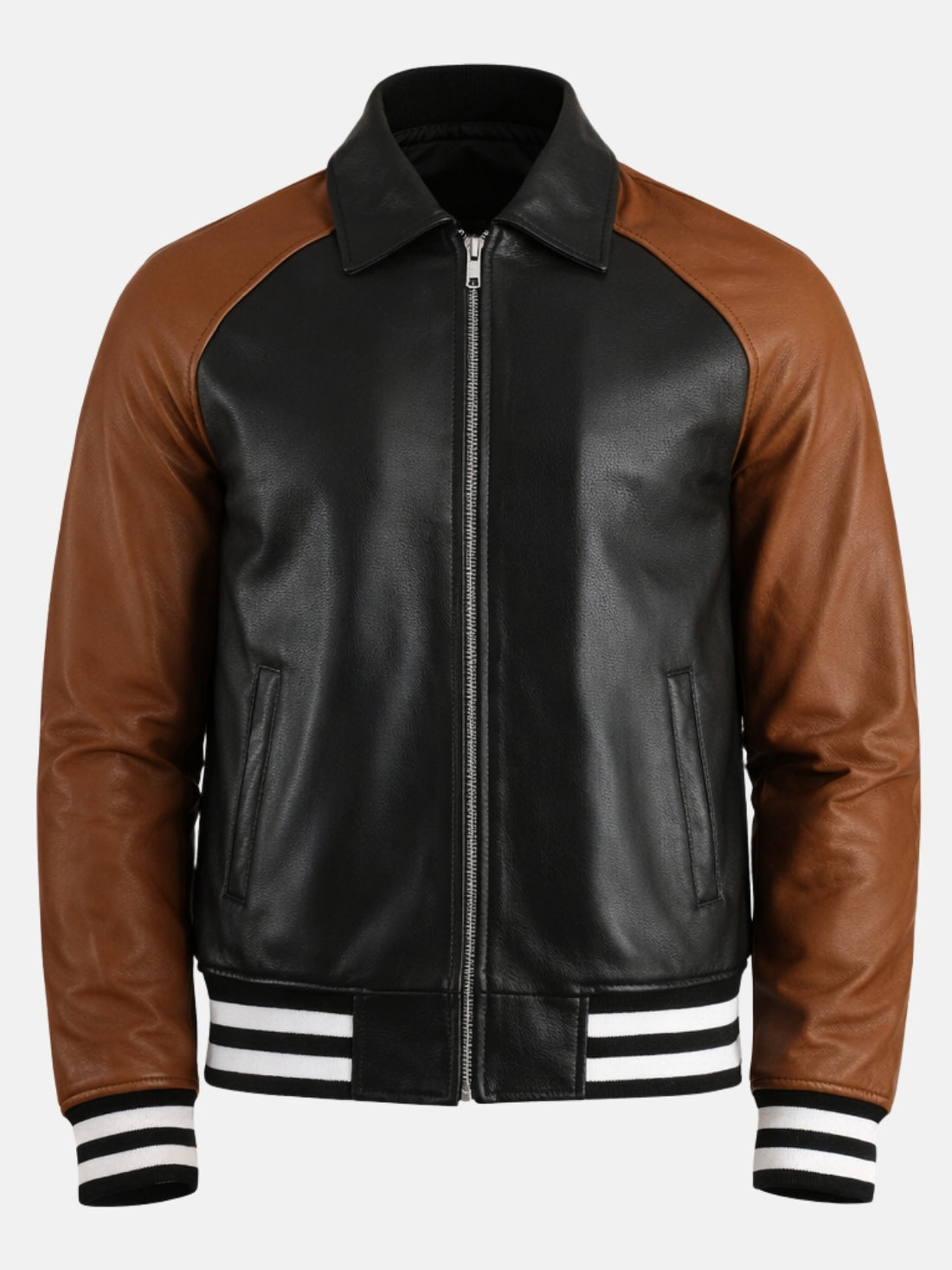 Man wearing black leather varsity jacket with brown raglan sleeves and zip front