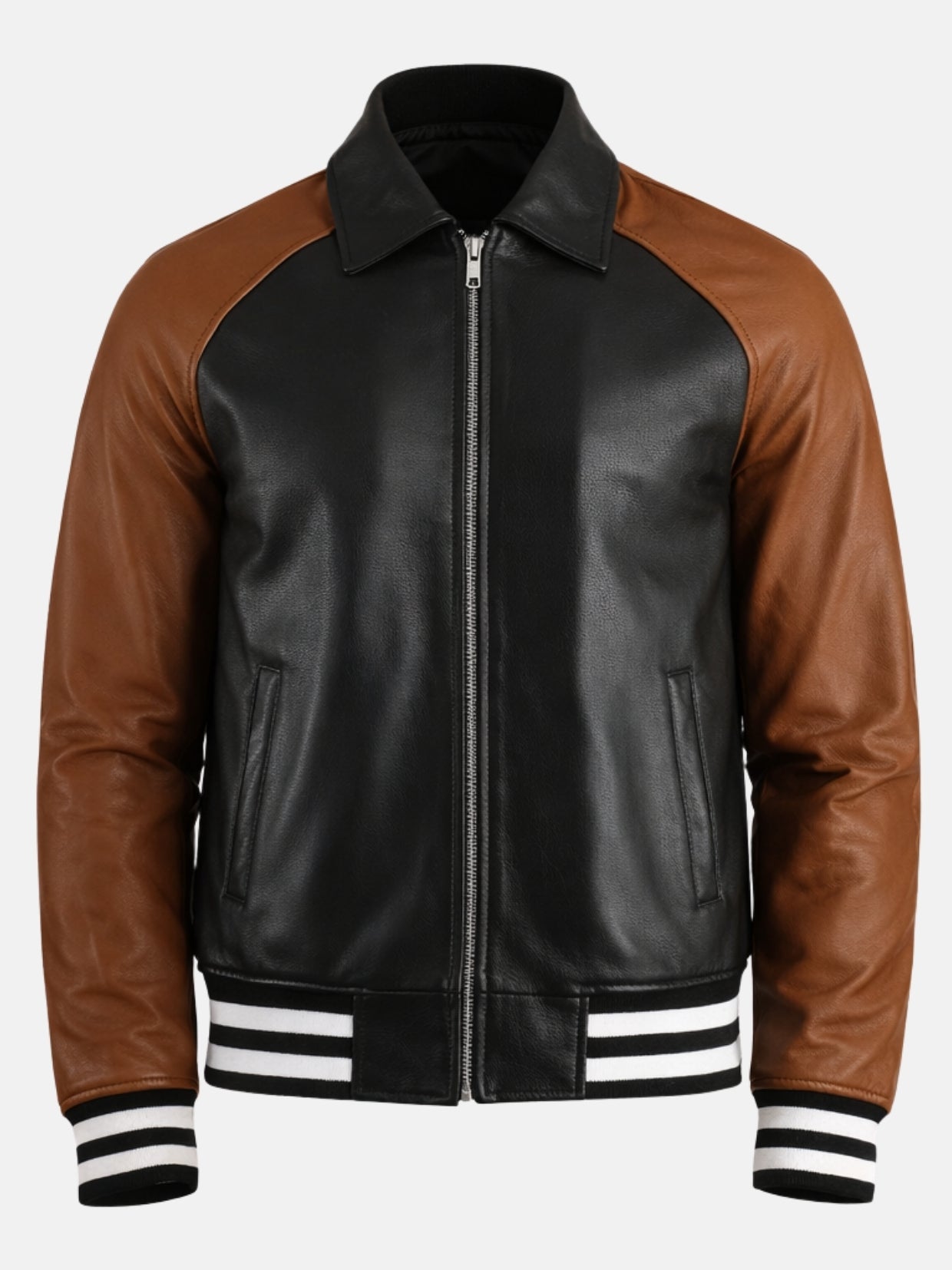 Black leather varsity jacket with brown sleeves, silver zip and fold-down collar