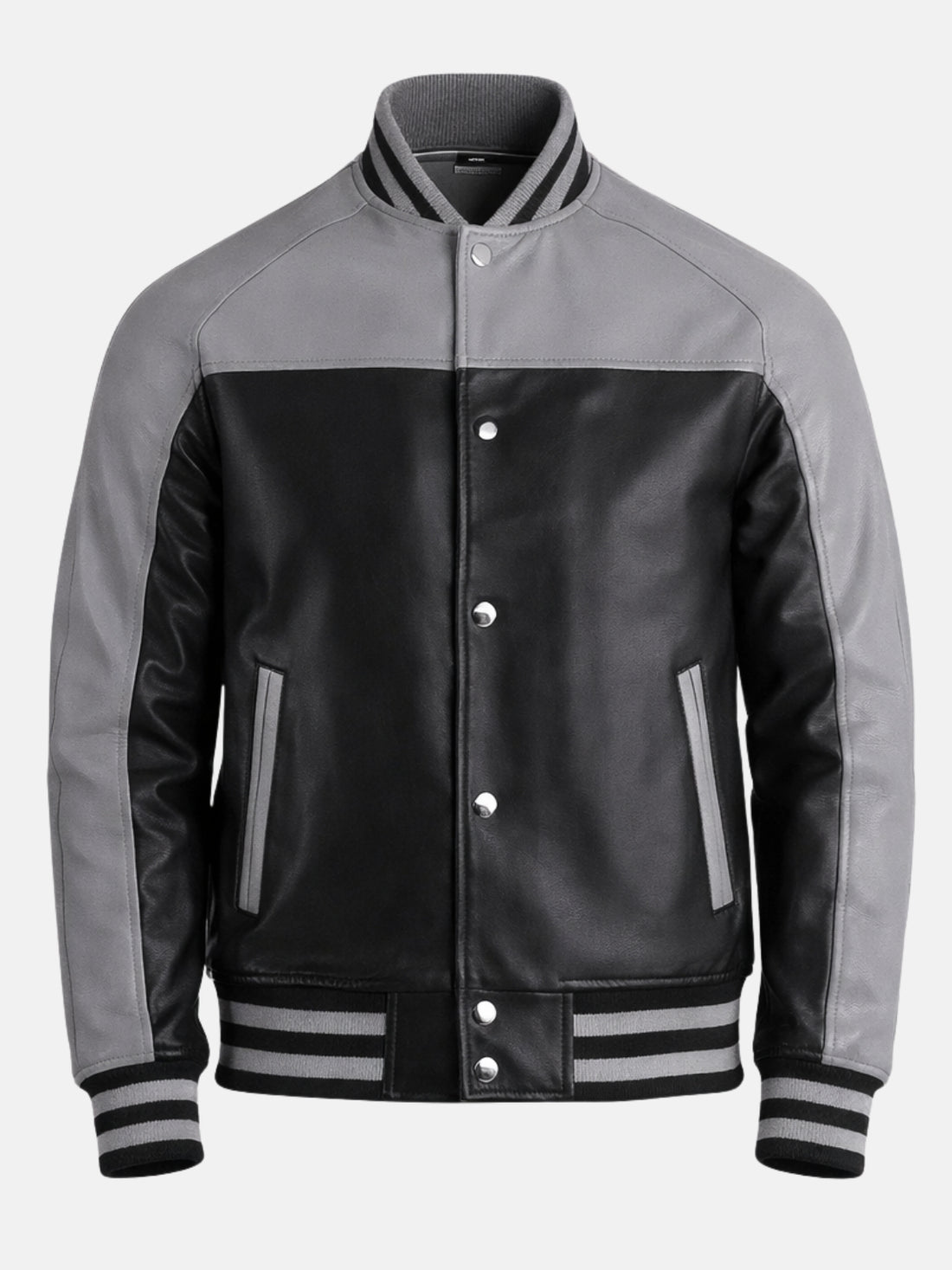 Man wearing black leather varsity jacket with grey raglan sleeves, grey yoke and striped rib trims