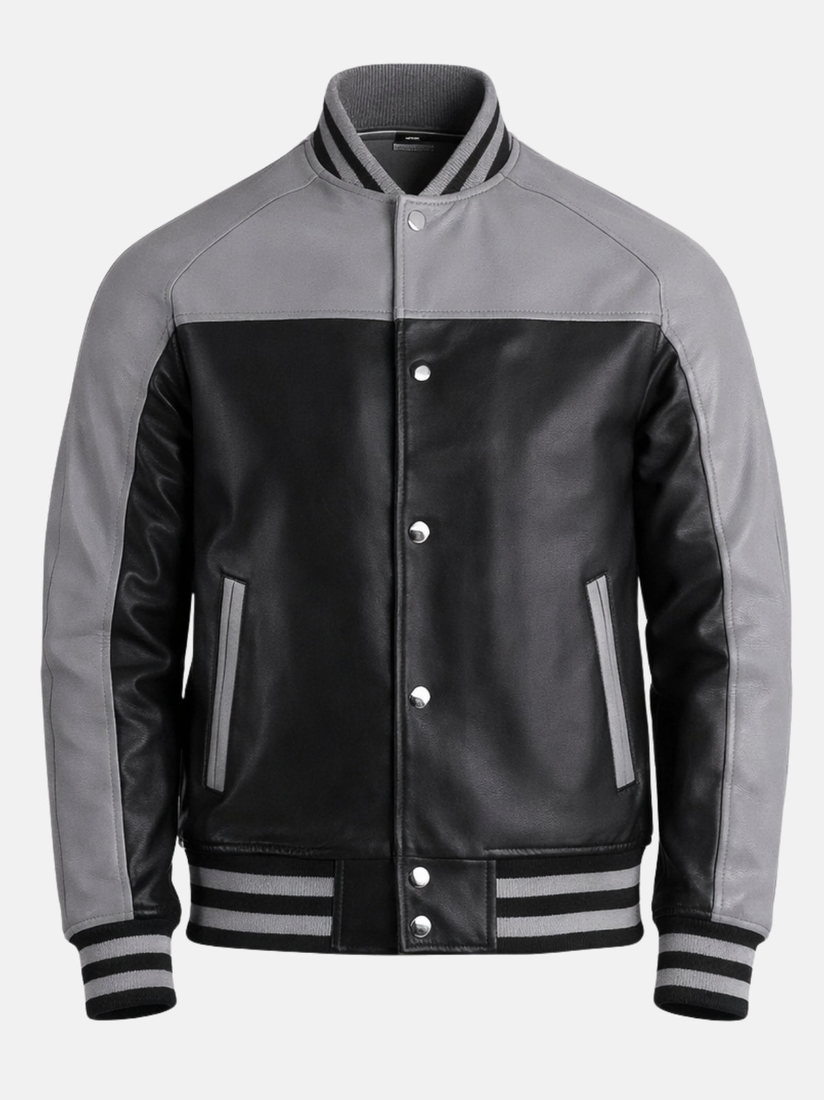 Black leather varsity jacket with grey contrast sleeves, snap front and grey-trimmed welt pockets