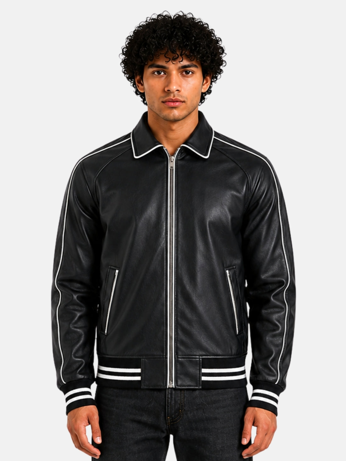 Man wearing black leather varsity jacket with white piping and silver zip front
