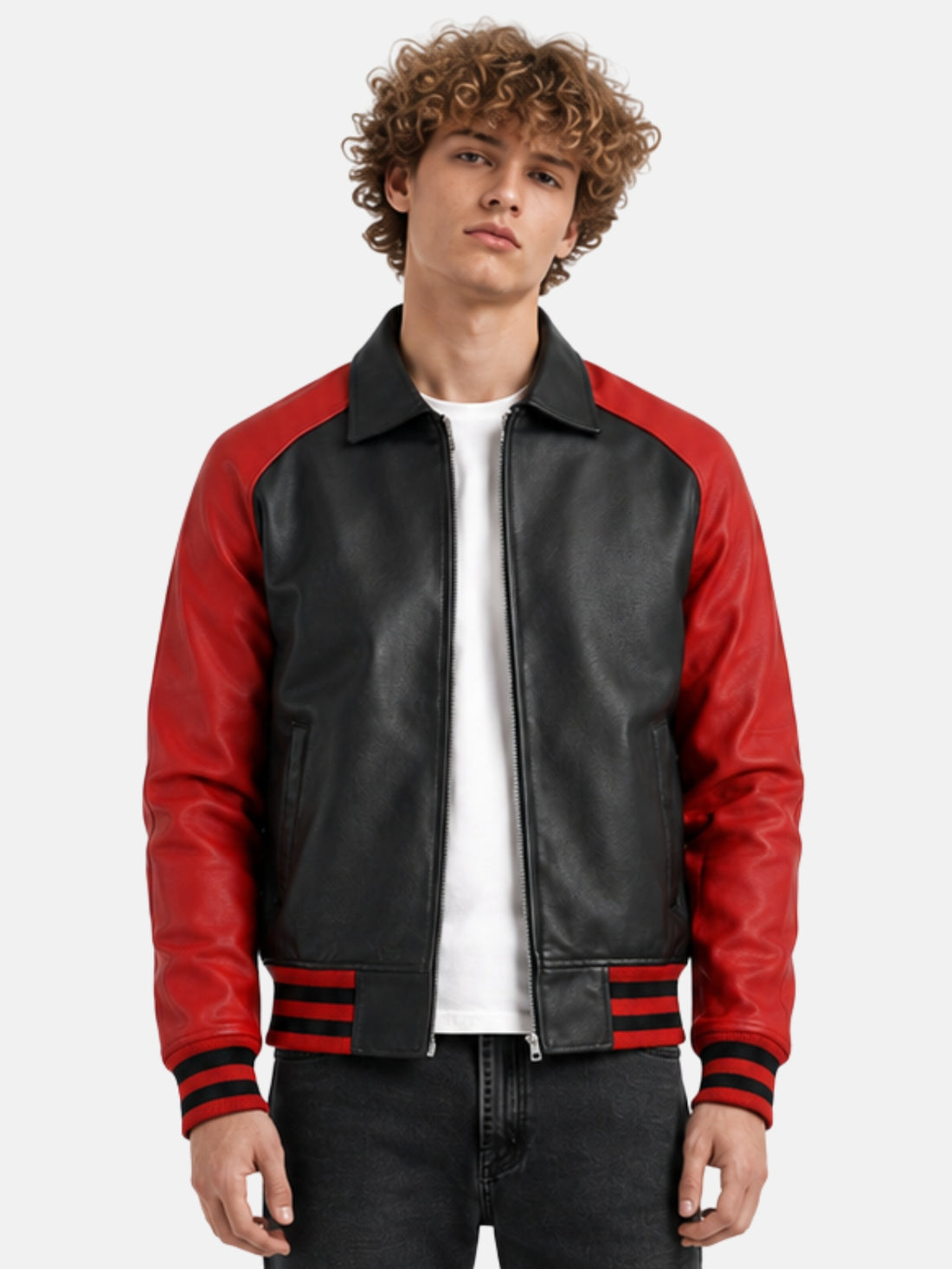Man wearing black leather varsity jacket with red raglan sleeves and zip front