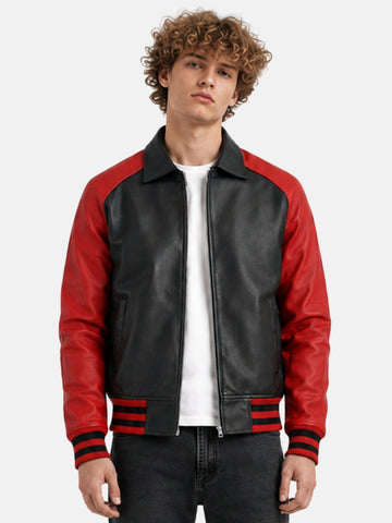 Man wearing black leather varsity jacket with red raglan sleeves and zip front