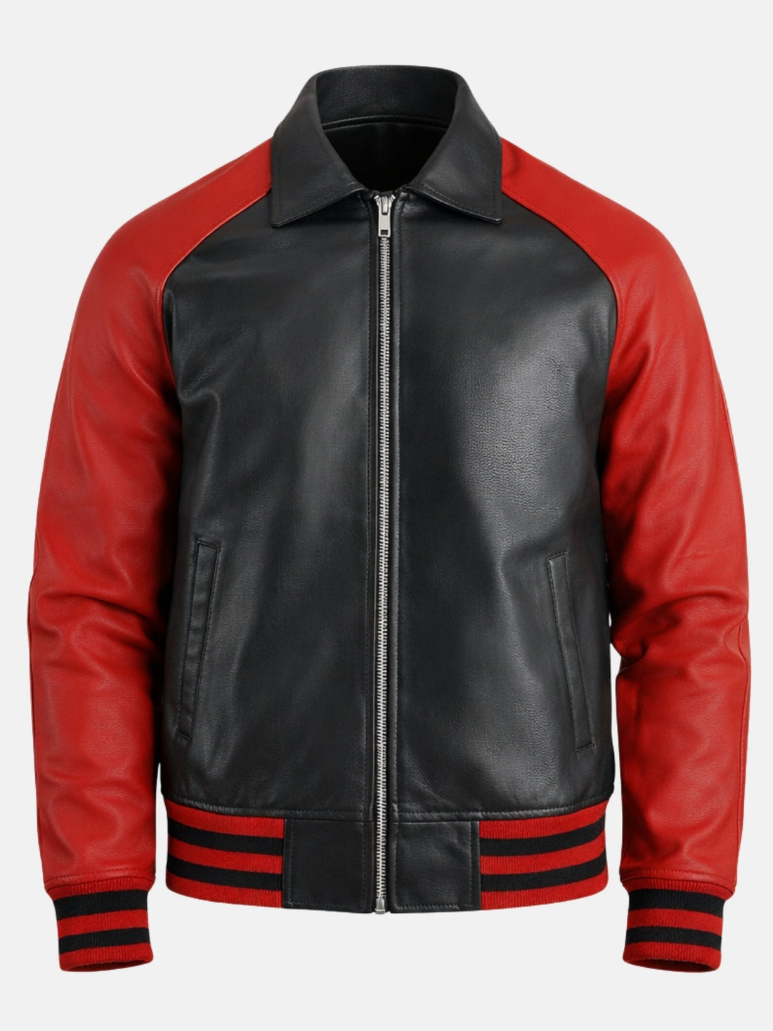 Man wearing black leather varsity jacket with red raglan sleeves and zip front
