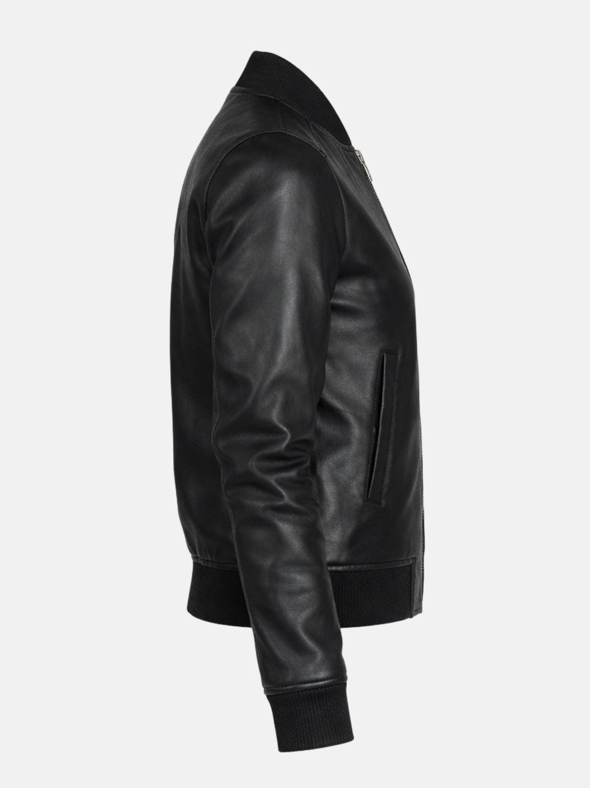 Women’s black leather varsity jacket with ribbed collar and snap front, right view