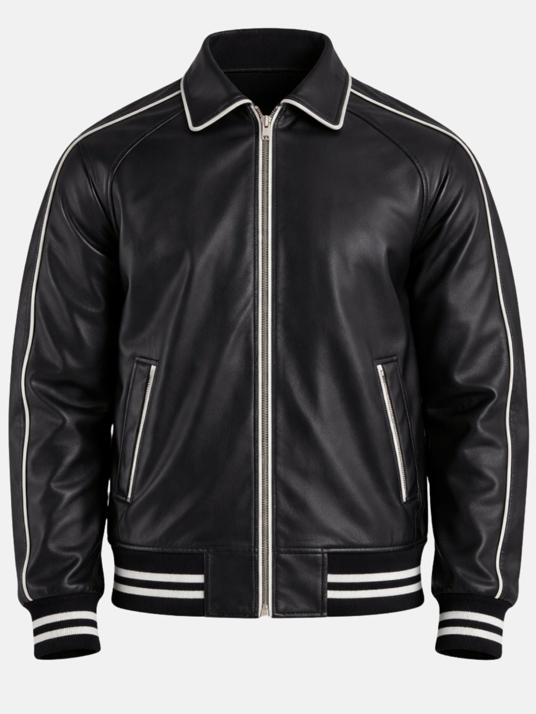 Man wearing black leather varsity jacket with white piping and silver zip front
