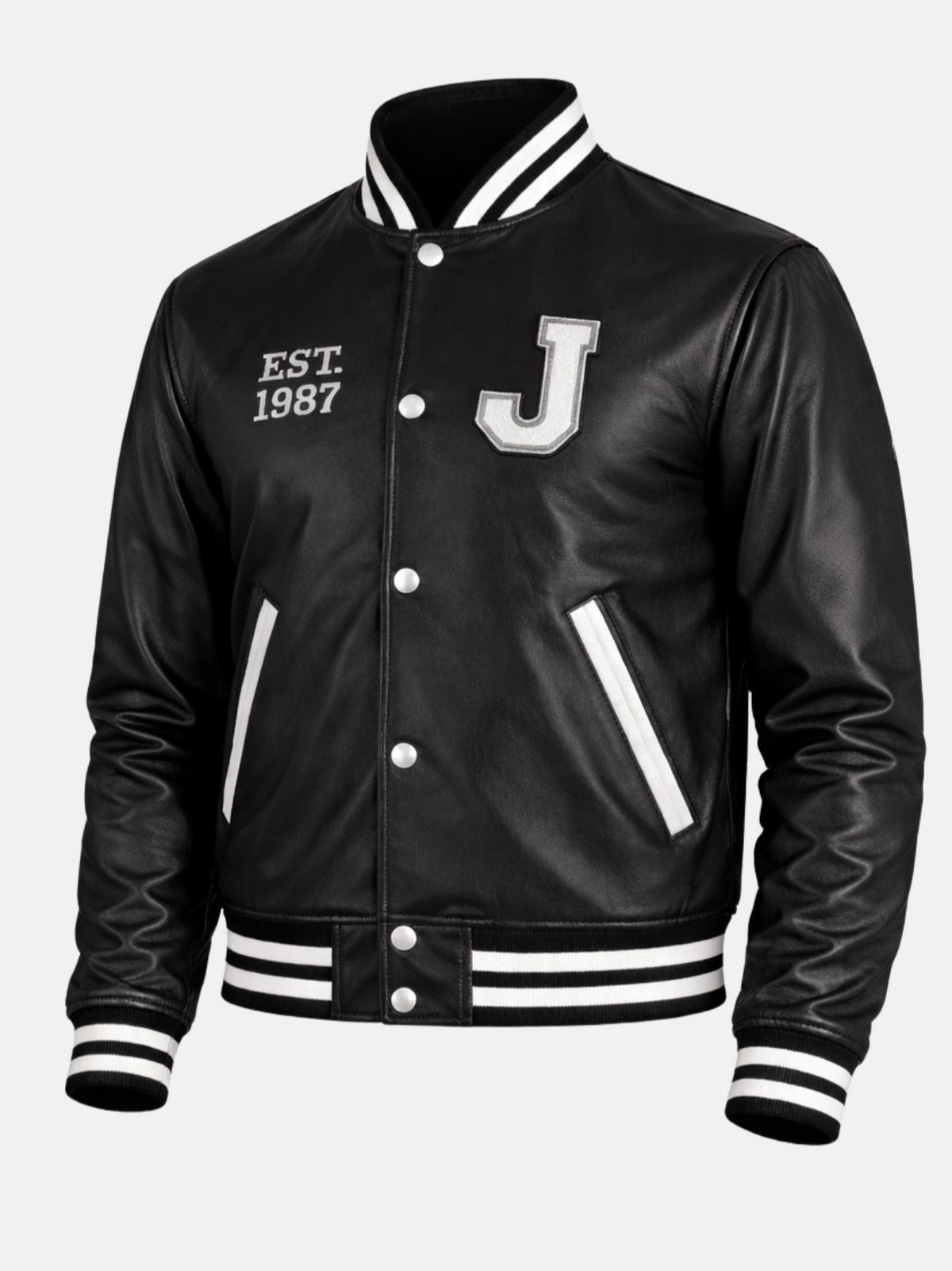 Angled view of black leather letterman jacket with white J letter and Est 1987 detail
