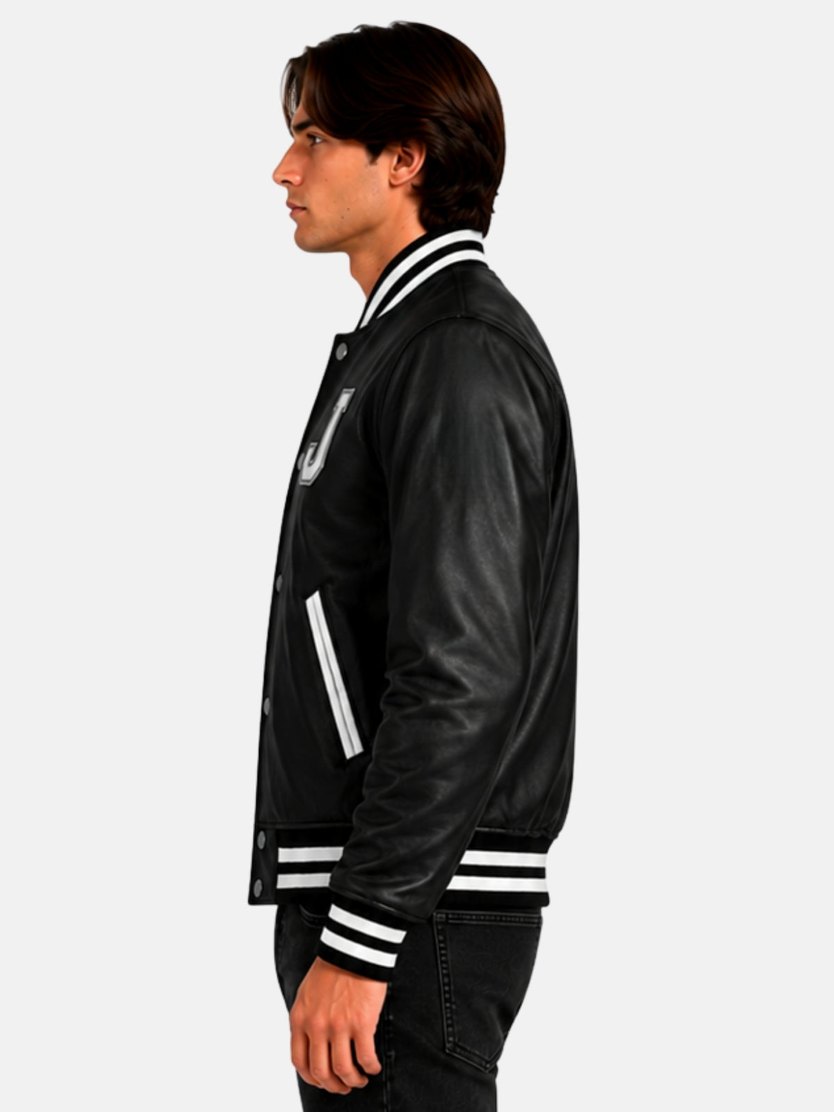 Side profile of black leather letterman jacket with striped ribbing and white piped pocket