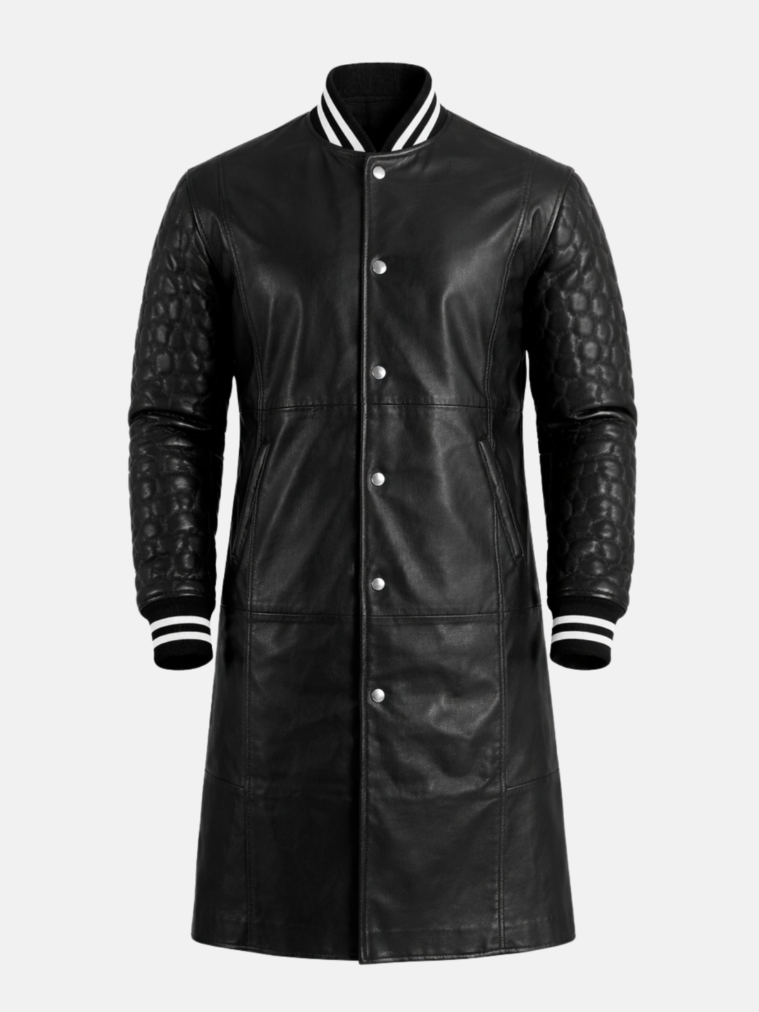 Man wearing longline black leather varsity coat with quilted sleeves and striped rib collar