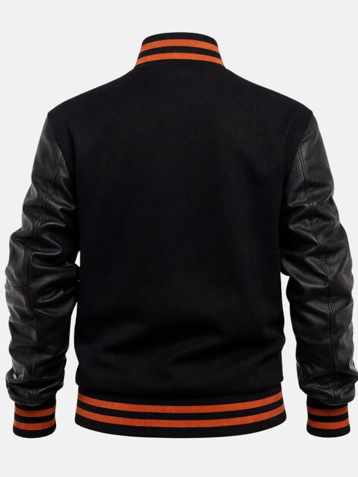 Flat lay back of black varsity jacket showing leather sleeves and trim