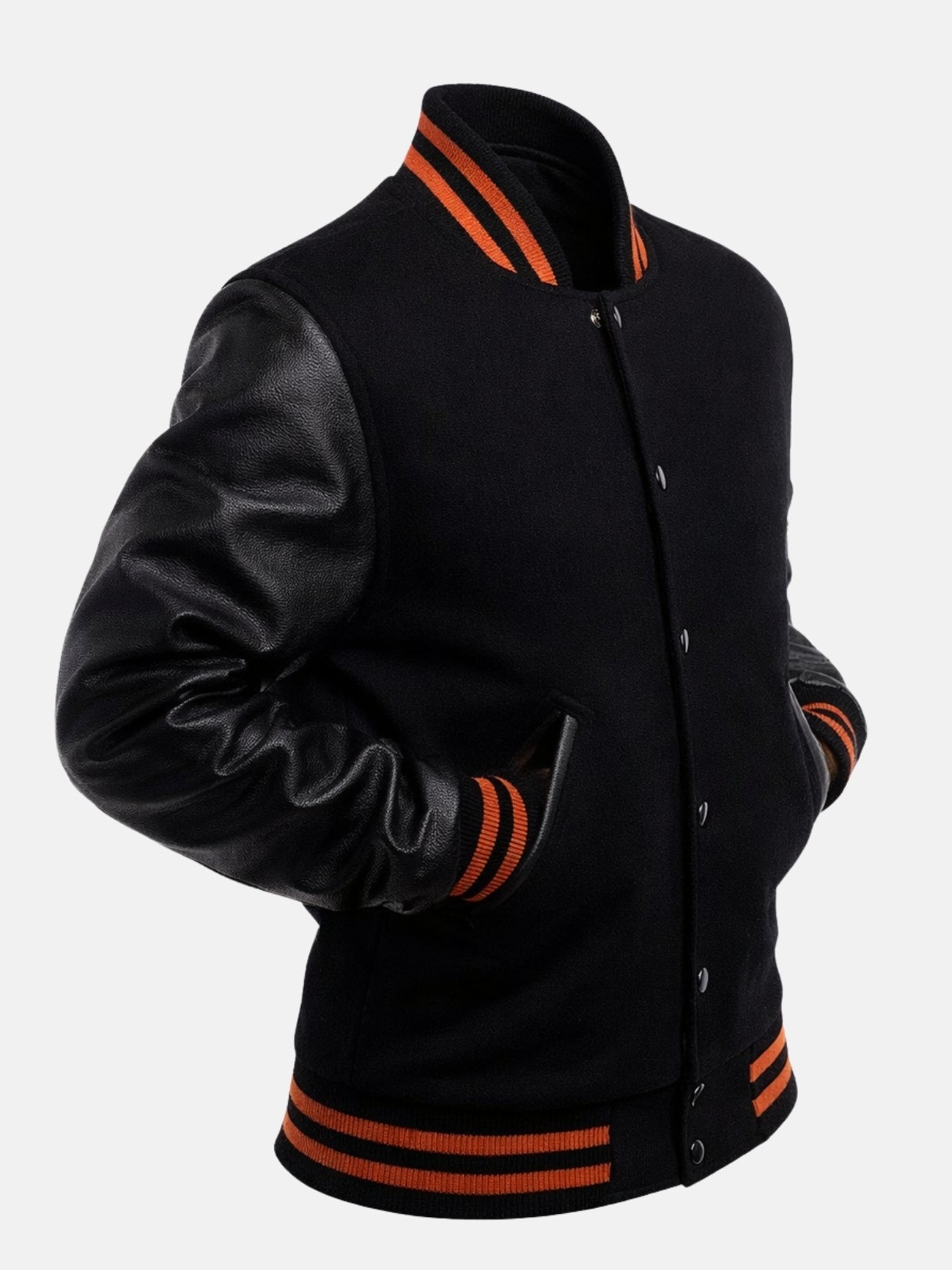Flat lay front of black wool and leather jacket highlighting orange trim