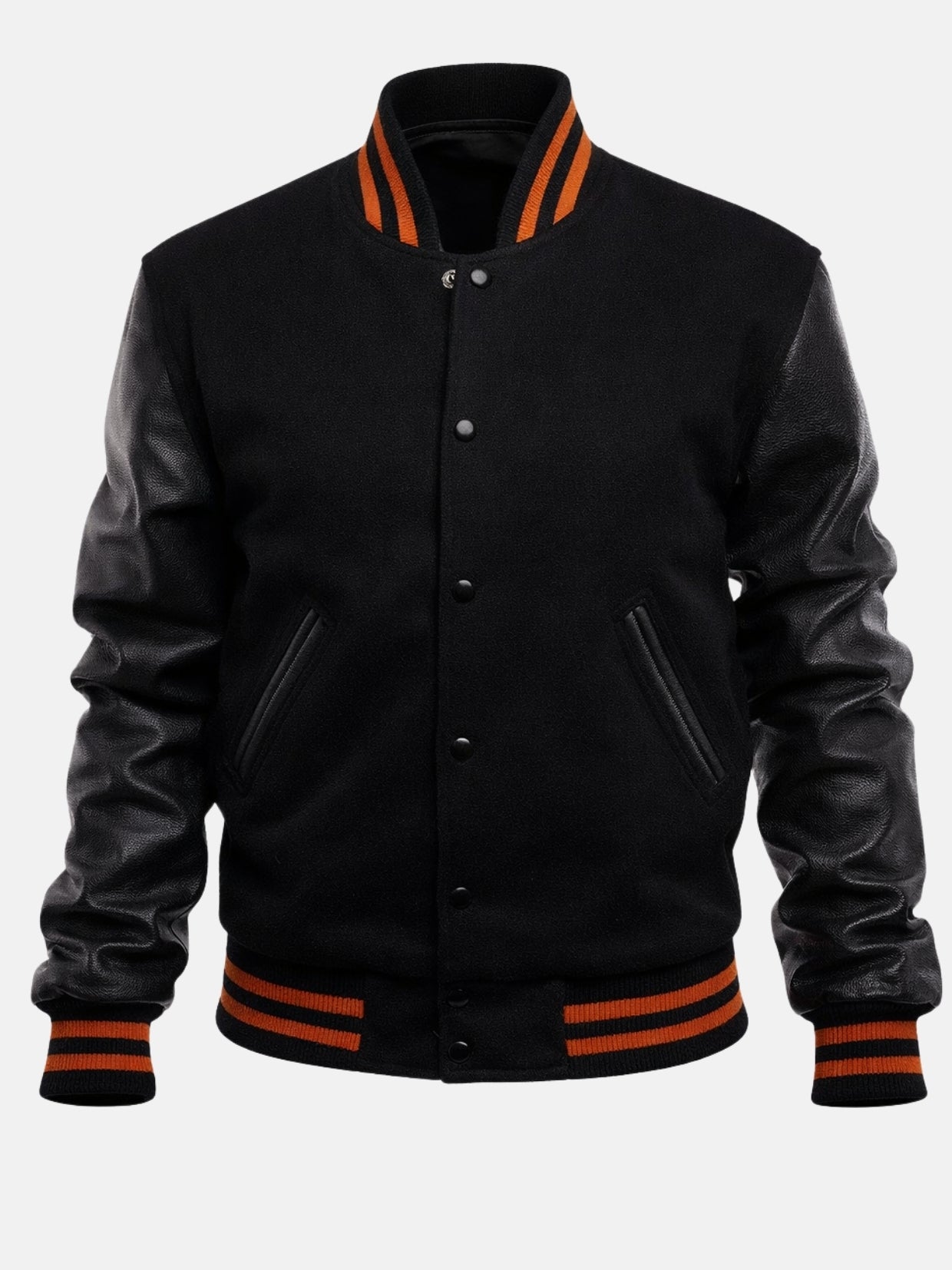 Flat lay front of black wool jacket with leather sleeves and orange ribbing