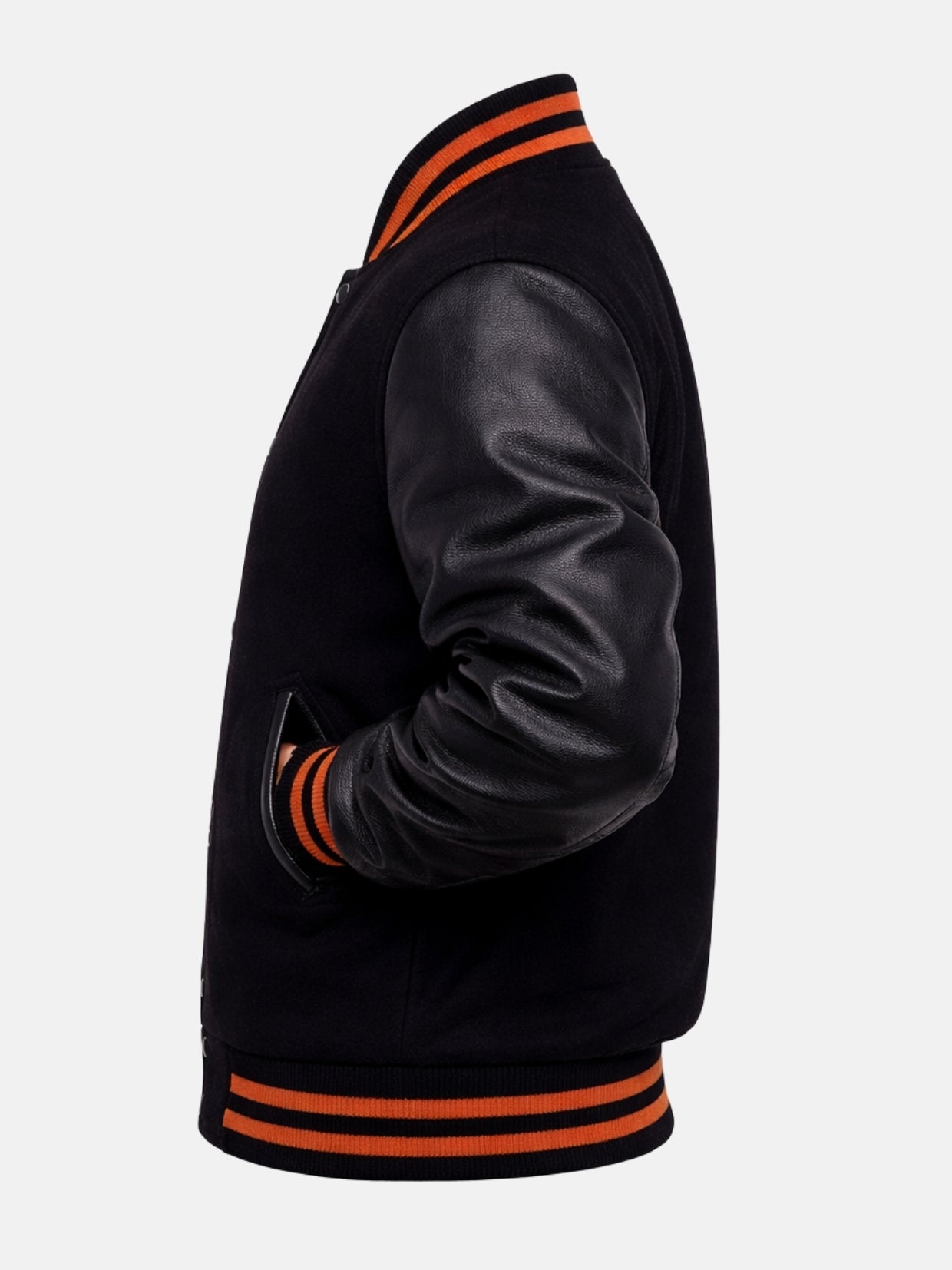 Flat lay side view of black jacket with orange double-stripe cuff