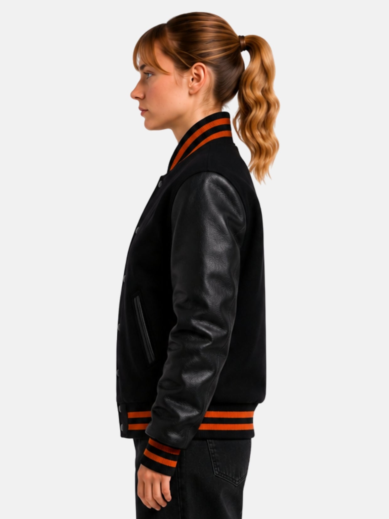 Side profile of black wool jacket showing full leather sleeve and pocket