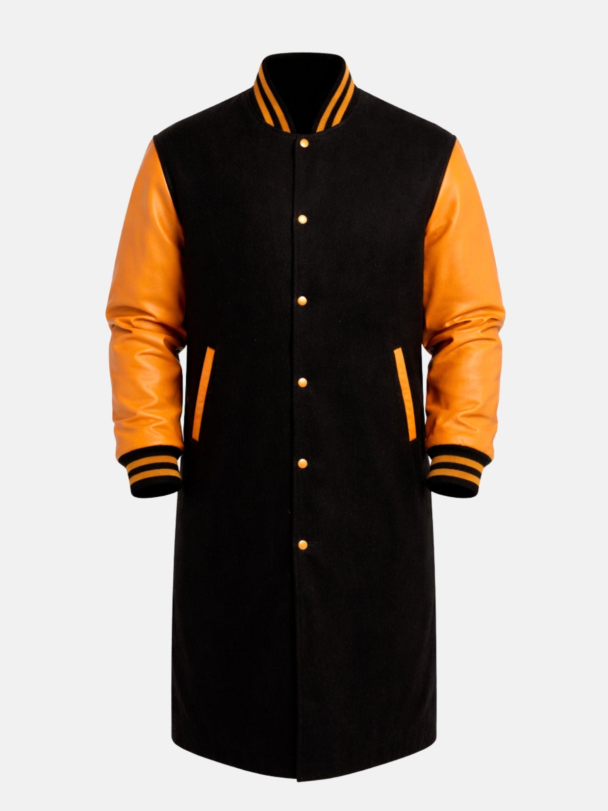 Black wool letterman coat with gold snap placket, orange-trimmed pockets and striped knits