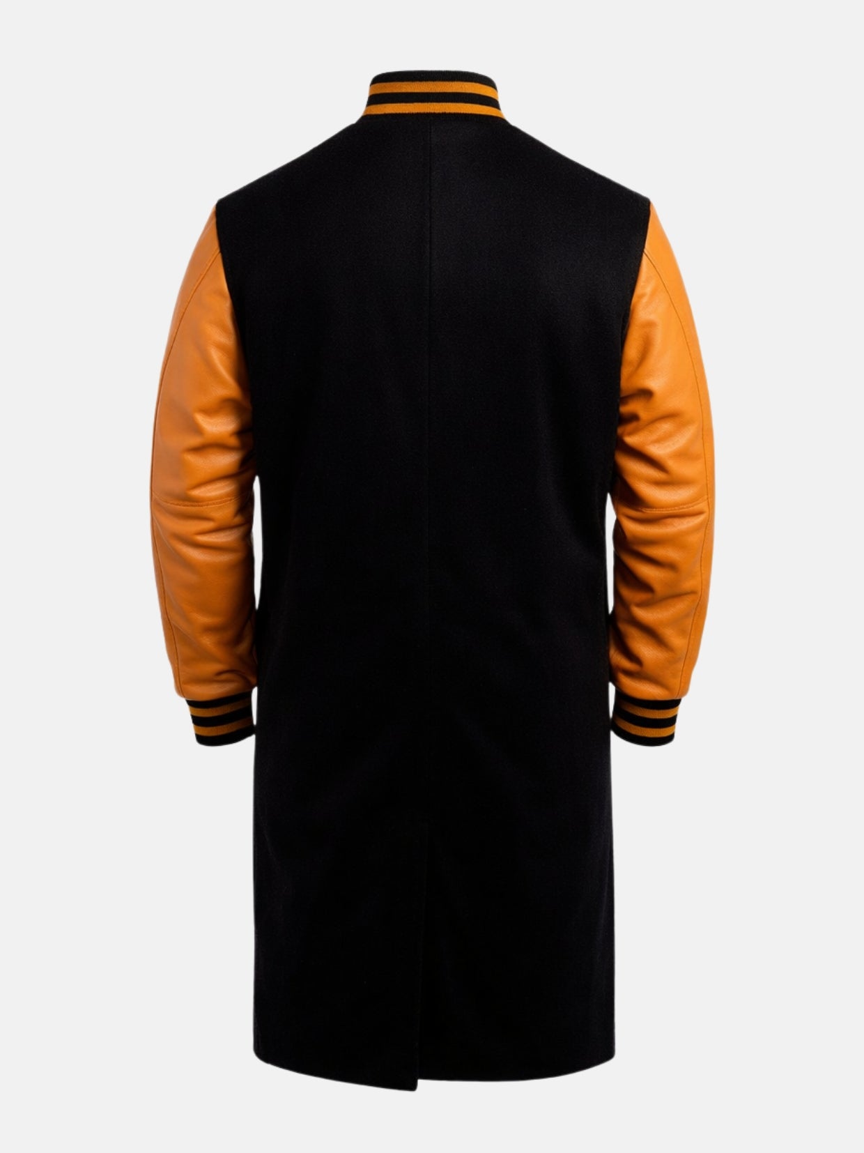Back of black wool varsity coat with orange sleeves, striped trims and center vent