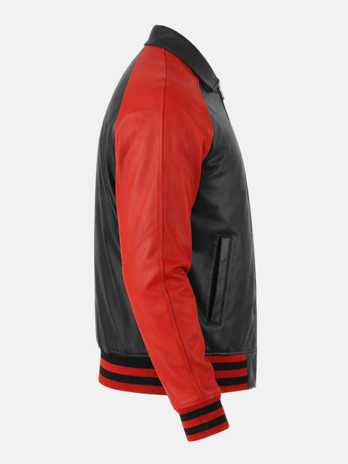 Side view of black and red leather varsity jacket with striped cuffs