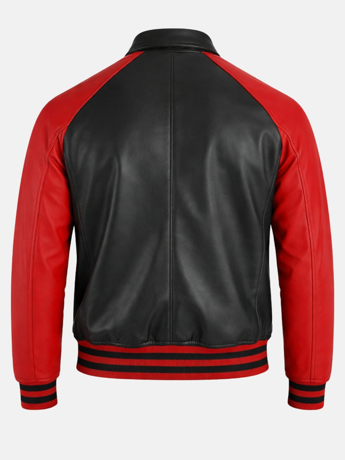Back of black leather varsity jacket with red sleeves and striped rib hem